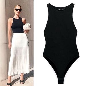 🎉 NWT Zara Black Bodysuit Top S High Neck Blogger Favorite Small Sexy